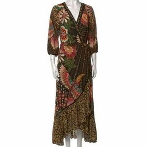 FARM RIO ANTHROPOLOGIE Dark Floral Bohemian Feminine Wrap Maxi Dress Size Large